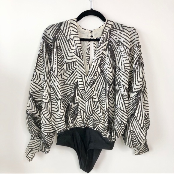 ⚜️NWT Zara sequin wrap crossover geometric Art Deco bodysuit with balloon sleeve - Picture 4 of 5